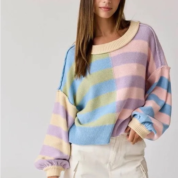 Papermoon Cotton Blend Multi Colored Striped Knit Cropped Sweater Sz. M Nwt